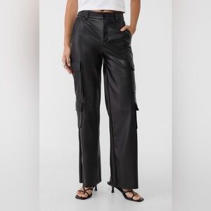 Black Faux Leather Cargo Pants High Waist Wide Leg Chic